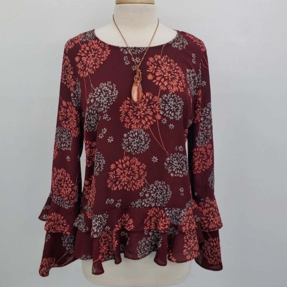 2X Long Sleeve Maroon Floral Blouse With Tiered Belle Sleeves Peplum Tiered Hem